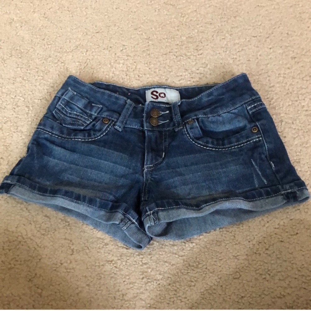 SO Blue Denim Jean Shorts, distressed fade accents